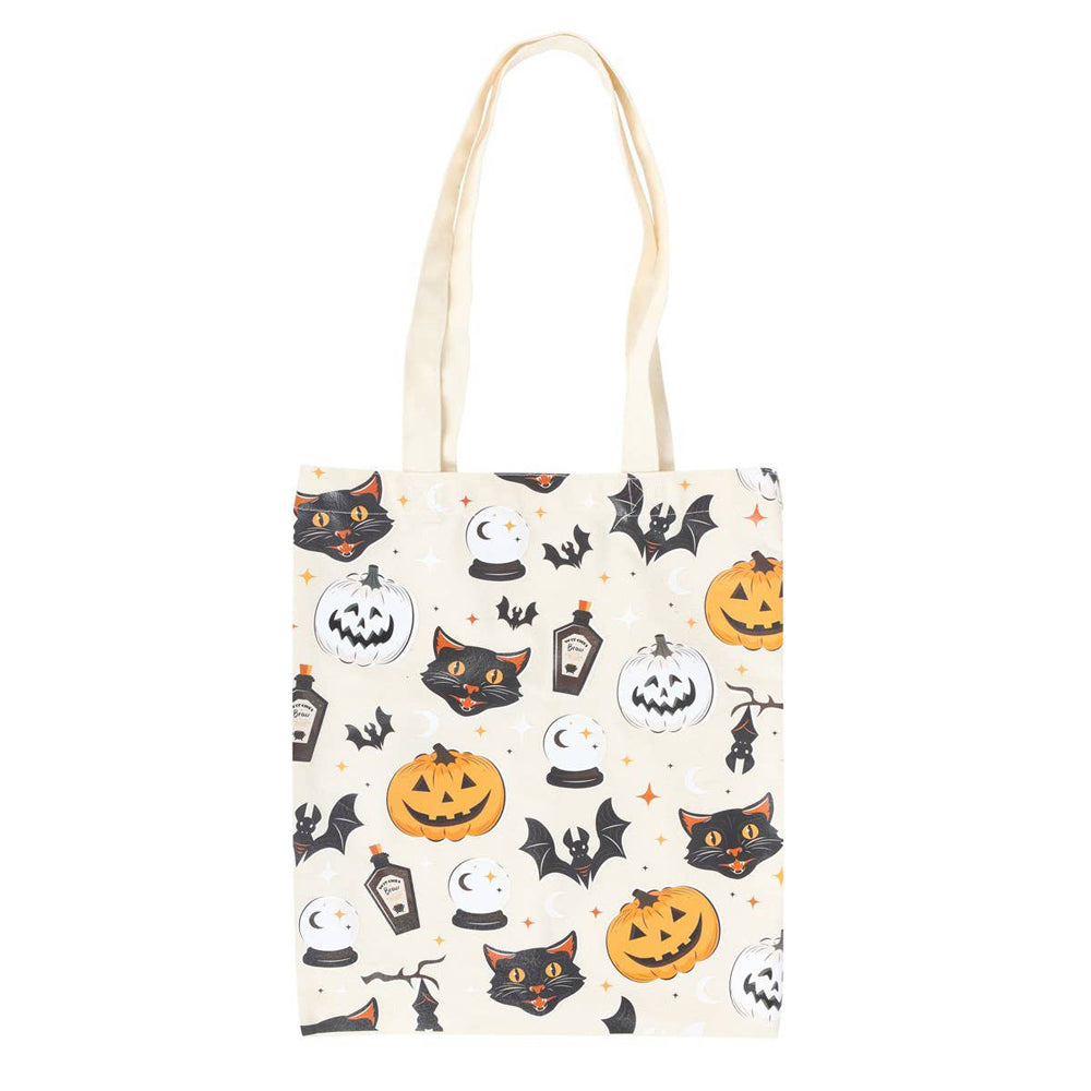 Spooky Cat and Pumpkin Print Cotton Canvas Tote Bag