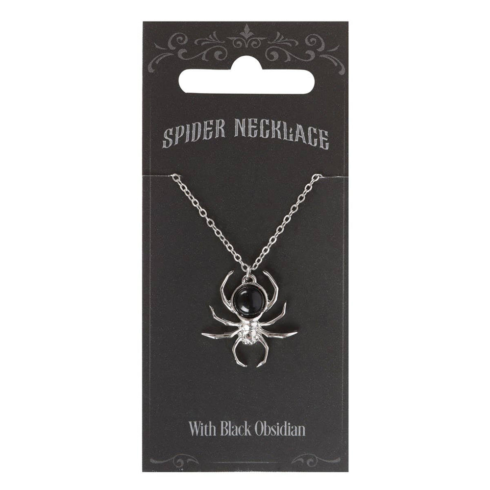 Spider Stainless Steel Pendant Necklace with Black Obsidian